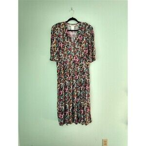 VTG Uni Mondo Womens Faux Floral Wrap Maxi Dress 14 Green Pink Cottage 90s Party